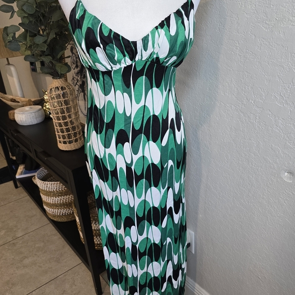 Zara Satin Printed Camisole Green and White Wave Maxi Dress Size S - Picture 2 of 9